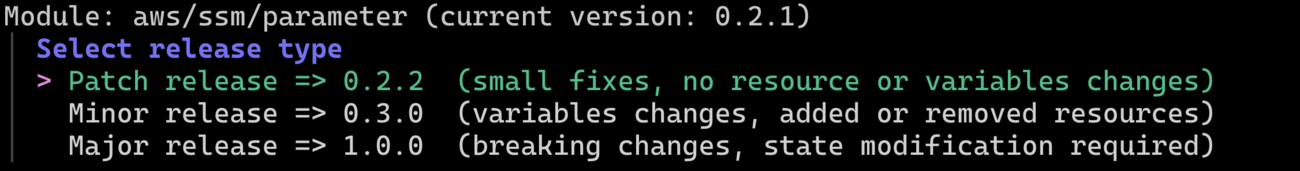 A screenshot of a terminal running the interactive module tagging feature via the `tfr-static tag` command (release type screen).