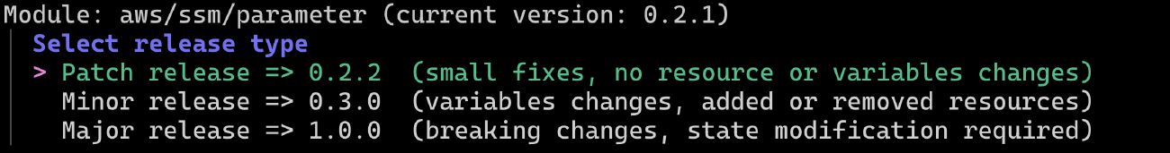 A screenshot of a terminal running the interactive module tagging feature via the `tfr-static tag` command (release type screen).