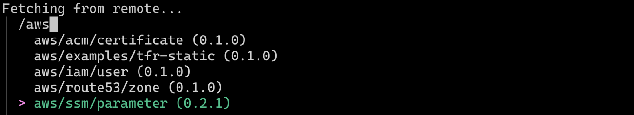 A screenshot of a terminal running the interactive module tagging feature via the `tfr-static tag` command (module selection screen).