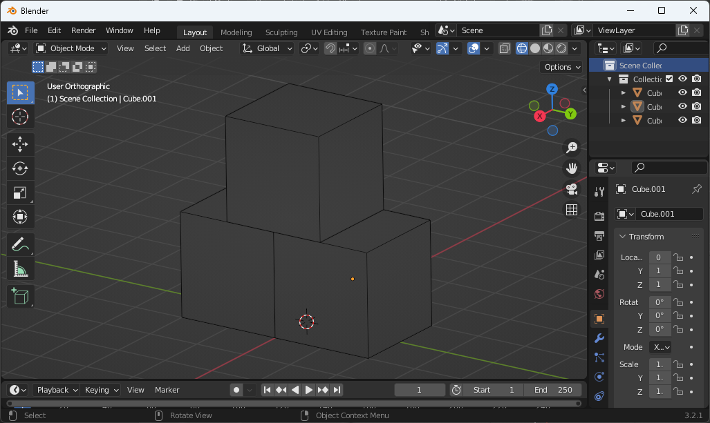 A screenshot of the Blender 3D rendering software showing 3 cubes piled up together in wireframe mode.