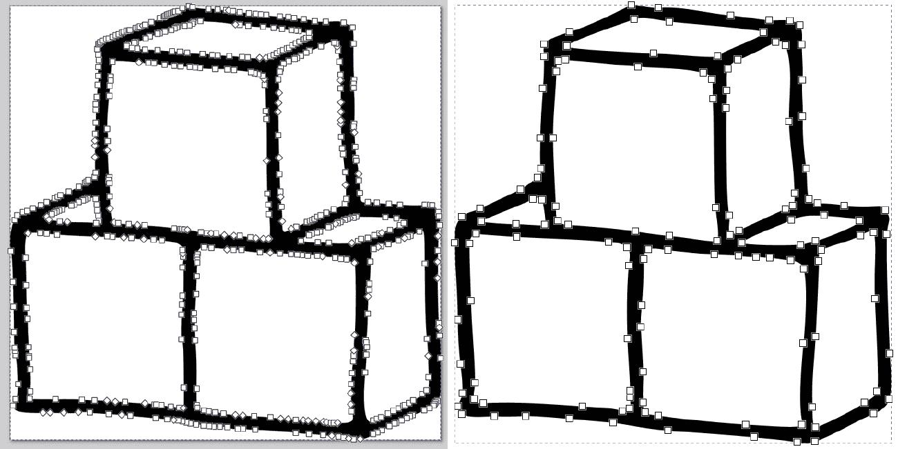 Screenshots of the Inkscape application displaying the number of points being reduced in the vectorized logo.