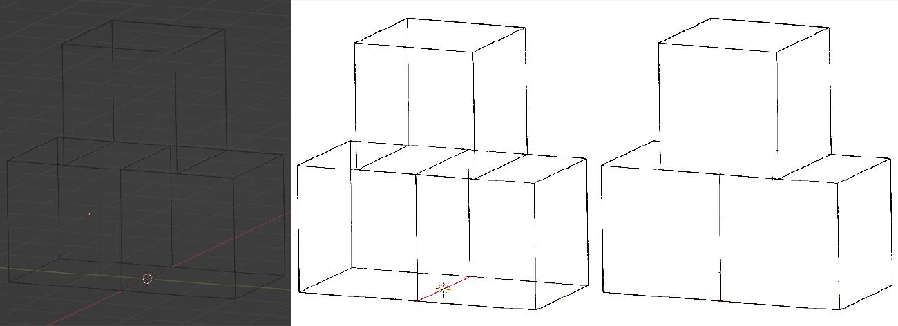 Three successive screenshots showing the black and white wireframe of the piled up cubes being extracted from Blender.]