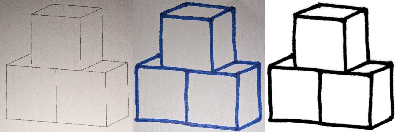 The same three cubes being printed as wireframe, drawn over, then scanned back.