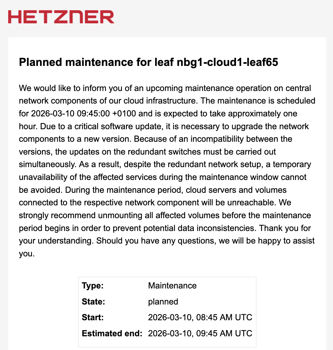 Maintenance notice from Hetzner about an upcoming maintenance of a 1 hour duration in about 1 week time.