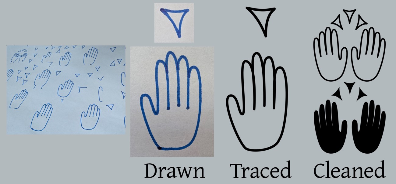 A side-by-side comparison between original drawings (hands and triangles), a vector traced hand and triangle, and the final appraisal logo in outlined and filled versions (two hands and three triangles in between).